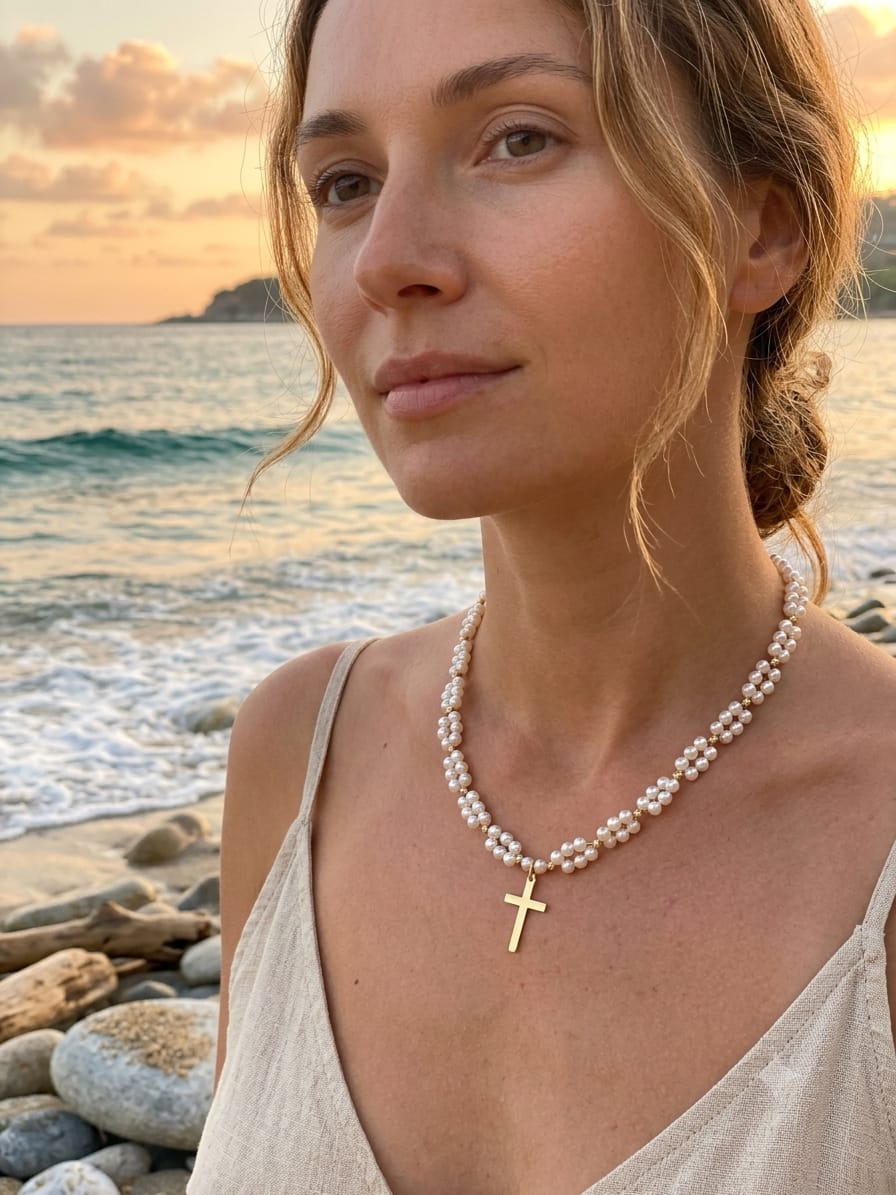 Pearl & Gold Cross Necklace