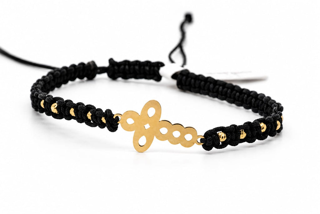 14K Gold Infinity Clover Black Cord Bracelet