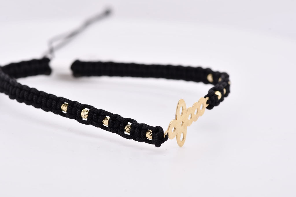 14K Gold Infinity Clover Black Cord Bracelet