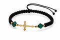 14K Gold CZ Cross Green Crystal Black Cord Bracelet