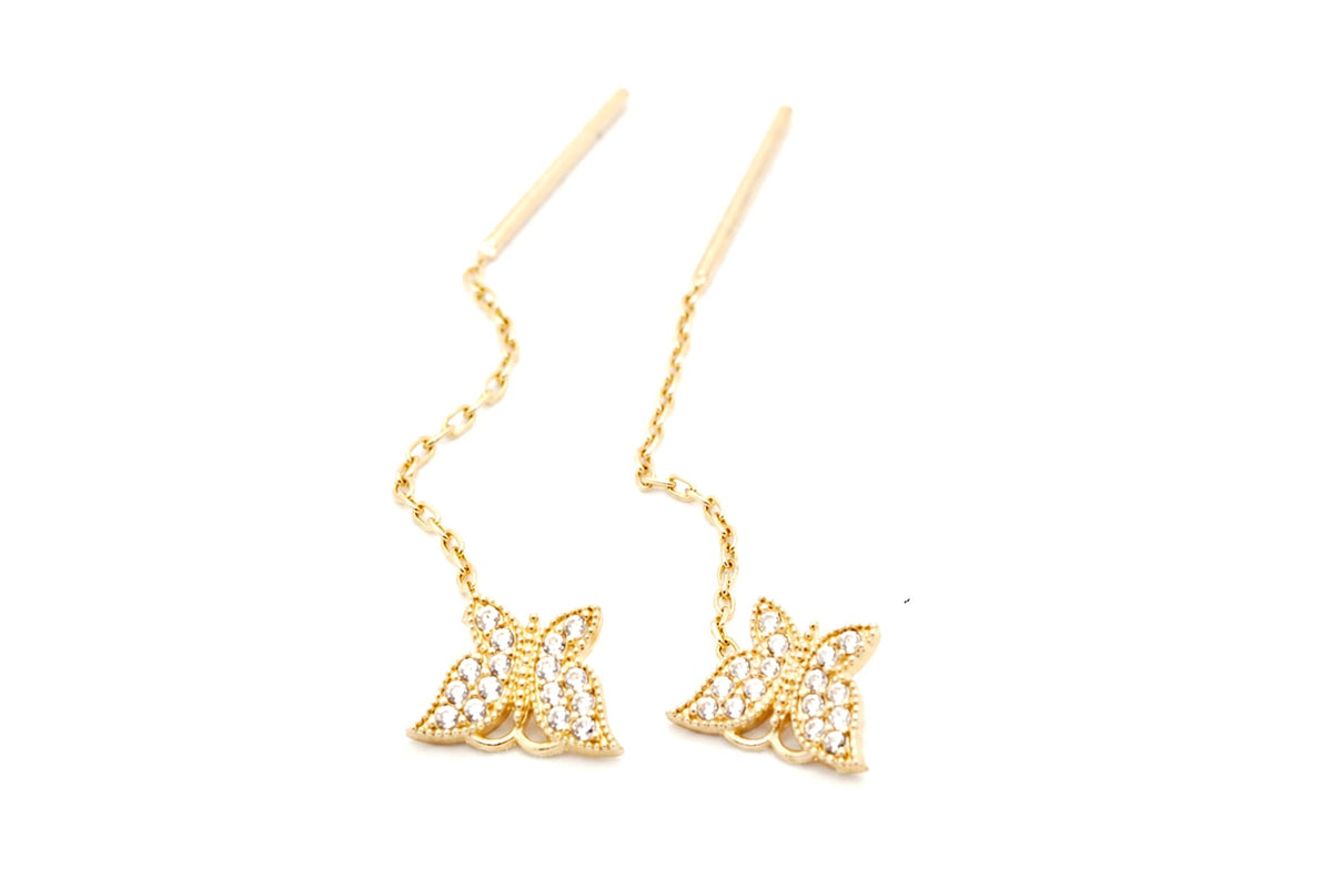 14K Gold CZ Butterfly Threader Earrings