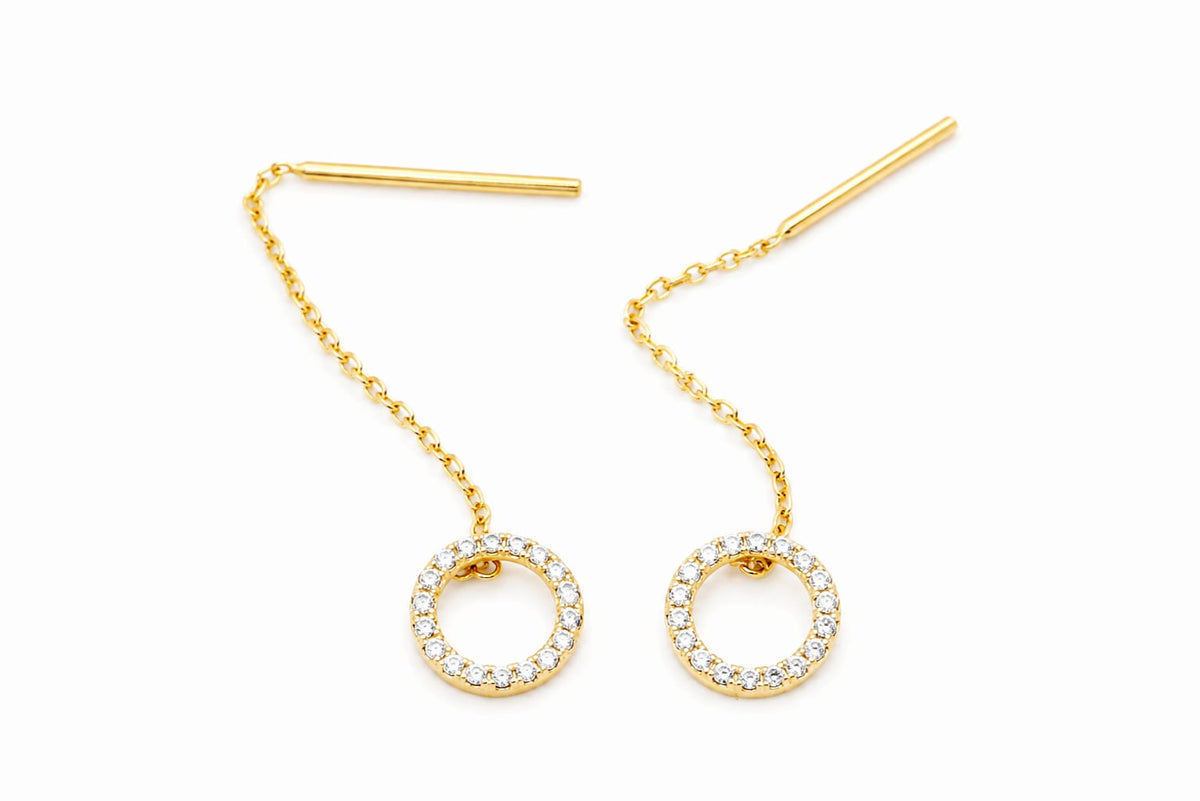 14K Gold CZ Circle Threader Earrings