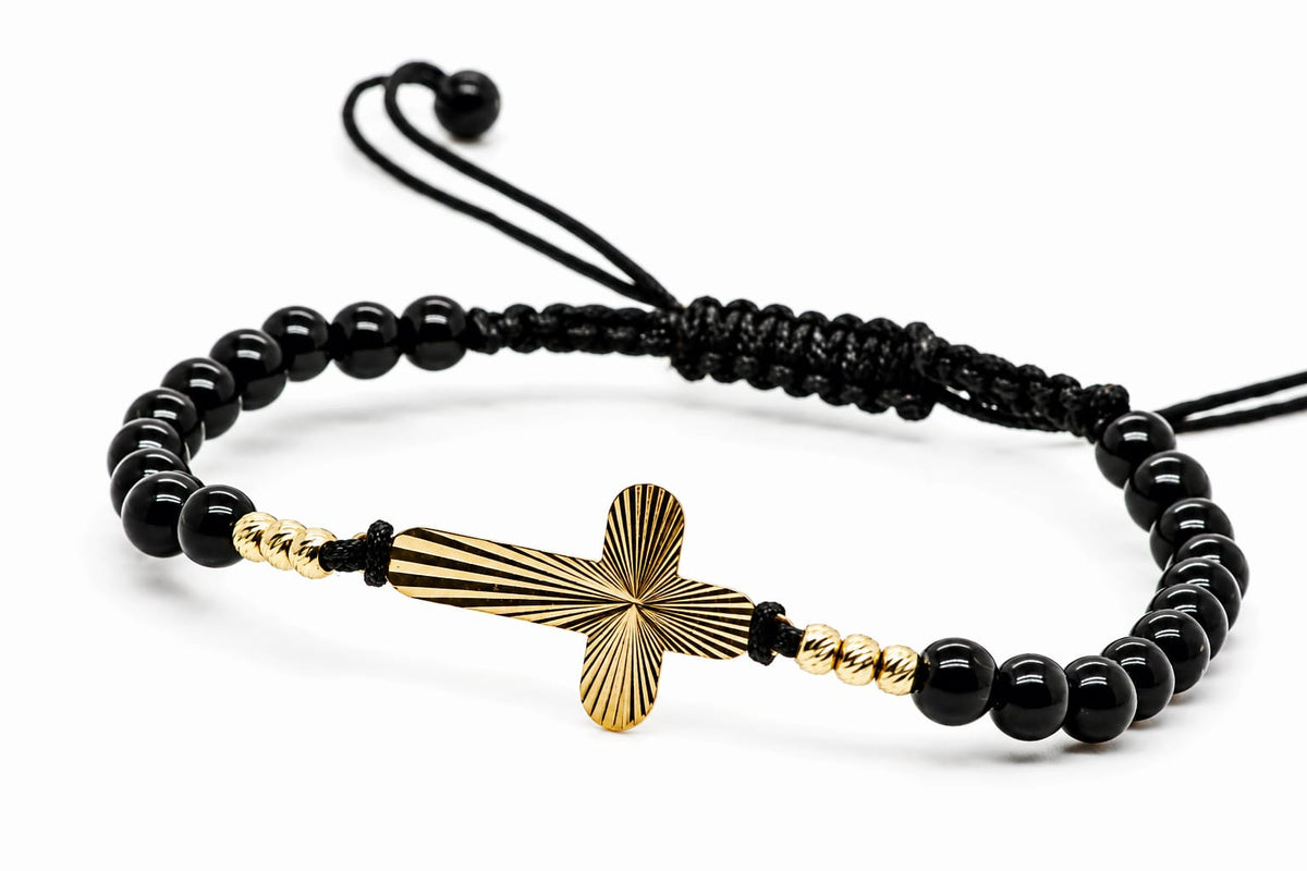 14K Gold Textured Cross Black Cord Bracelet