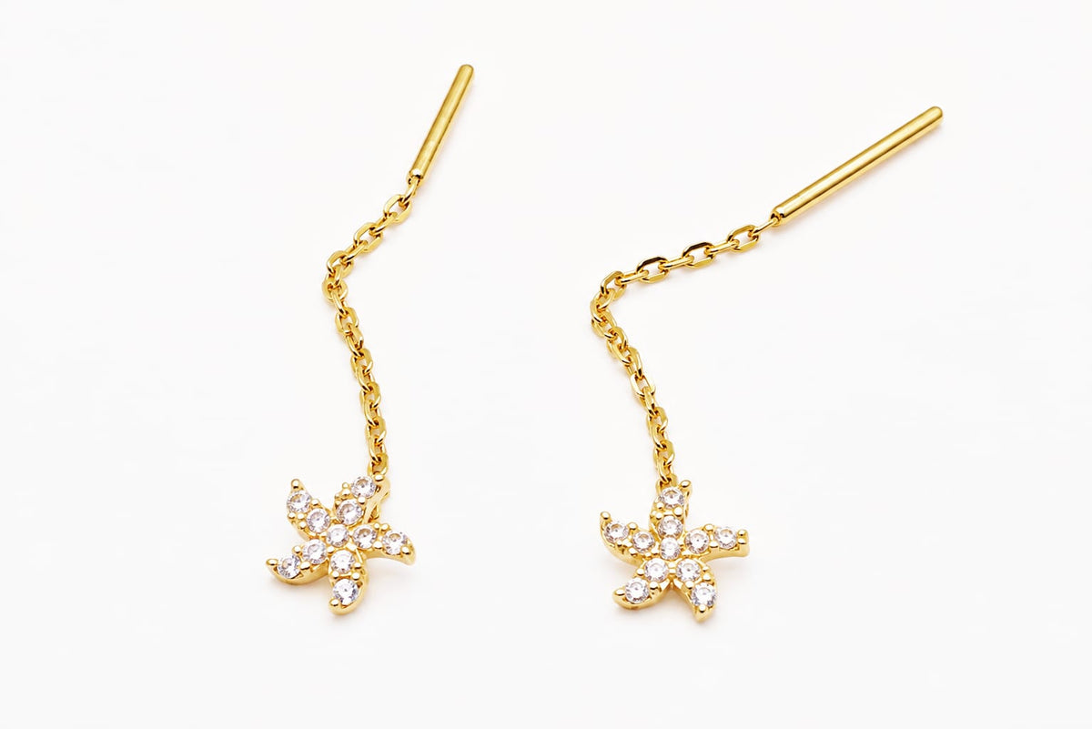 14K Gold CZ Pinwheel Flower Threader Earrings