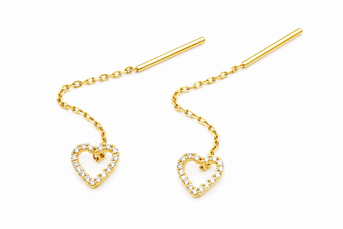 14K Gold CZ Heart Threader Earrings