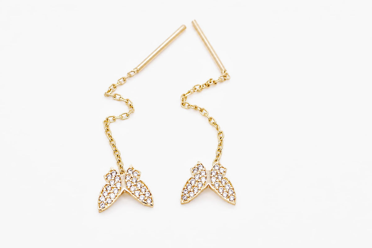 14K Gold CZ Double Leaf Threader Earrings