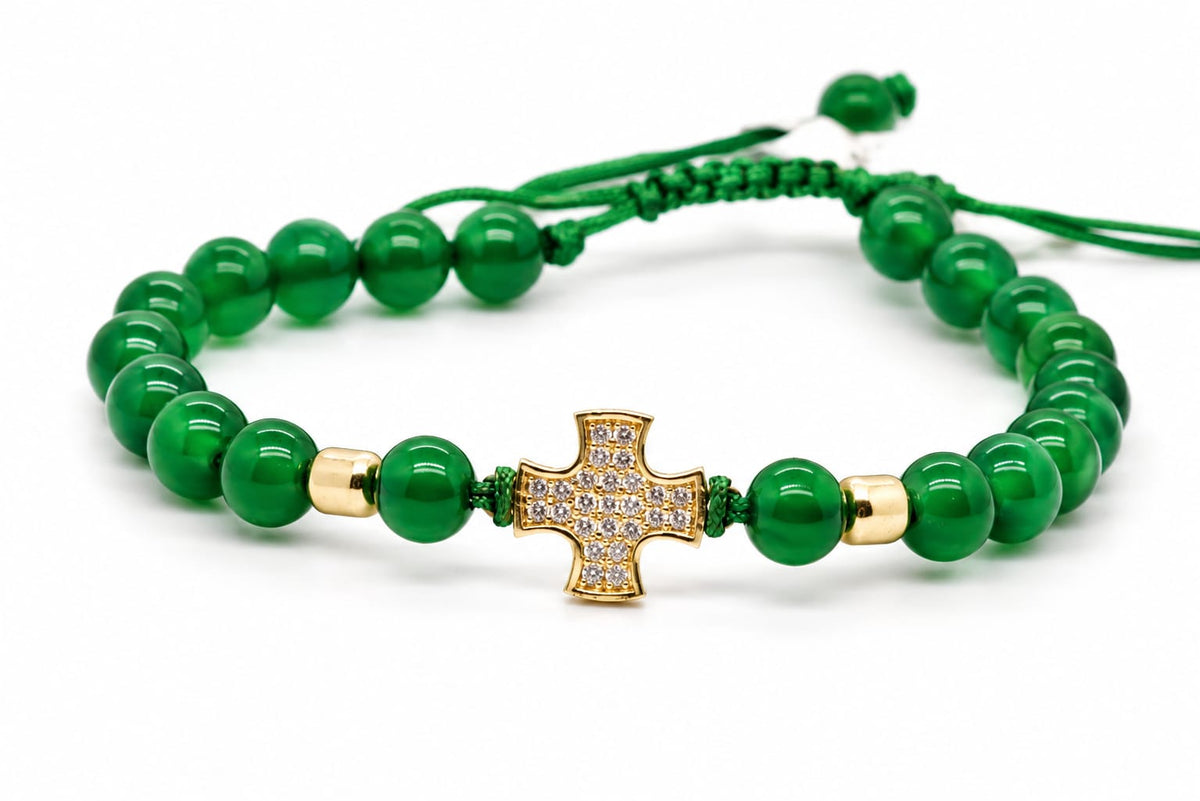 14K Gold CZ Cross Green Bead Bracelet