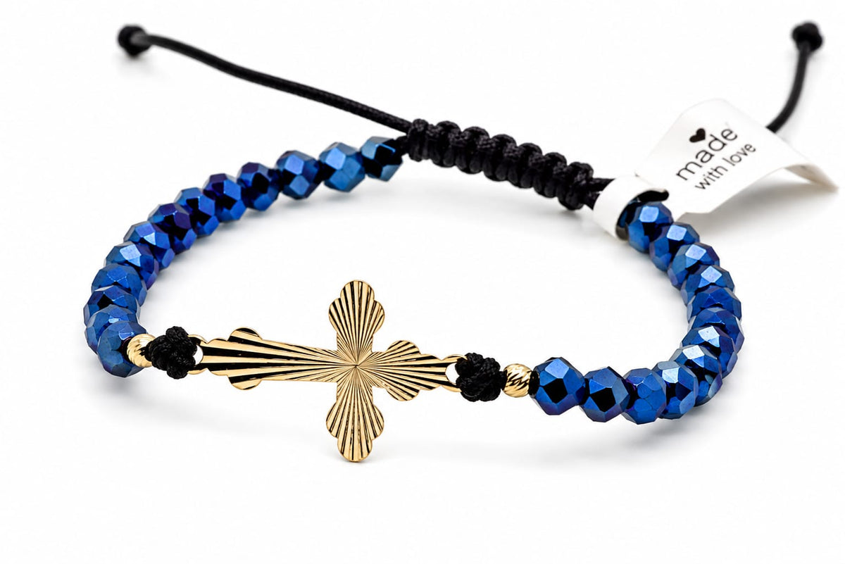 14K Gold Textured Cross Blue Bead Bracelet
