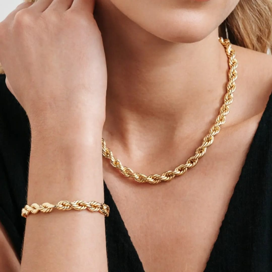 Gold Plated Stainless Steel Rope Chain Necklace & Bracelet Set