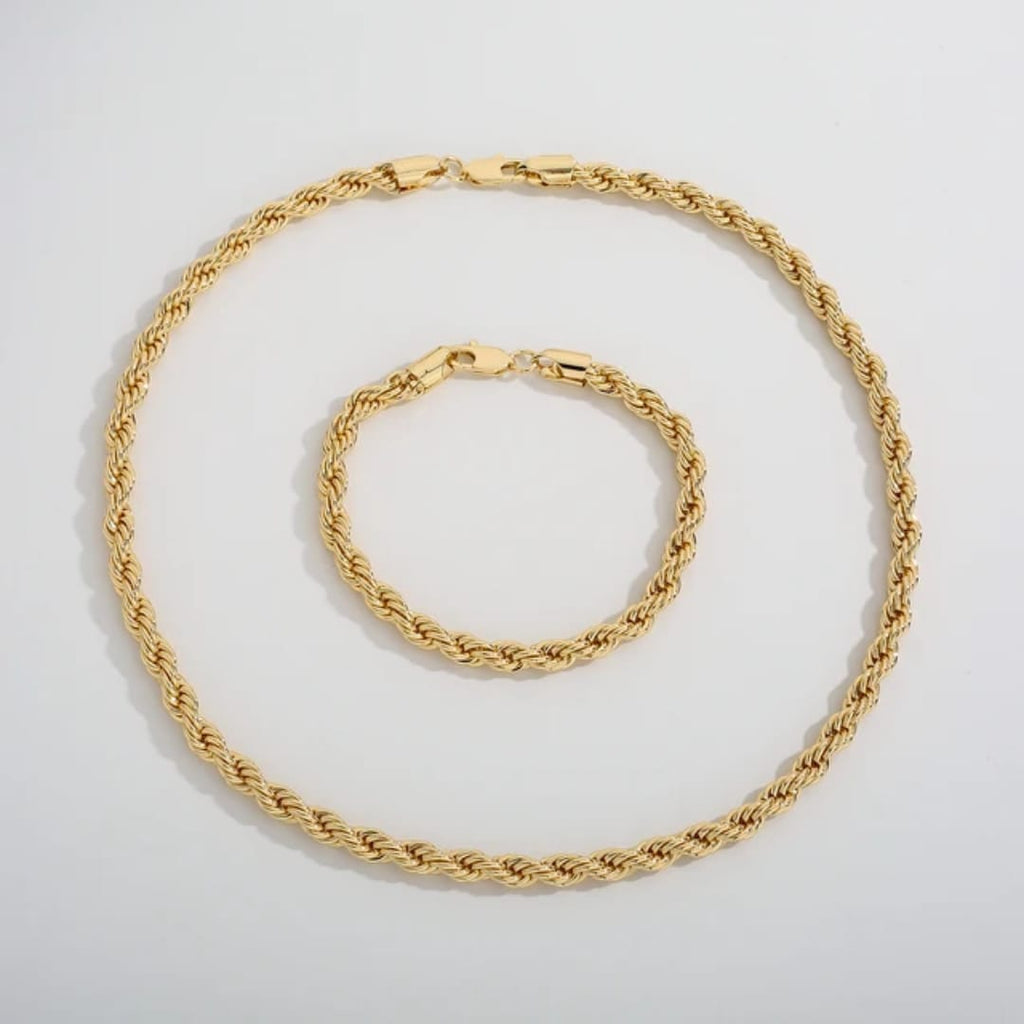 Gold Plated Stainless Steel Rope Chain Necklace & Bracelet Set