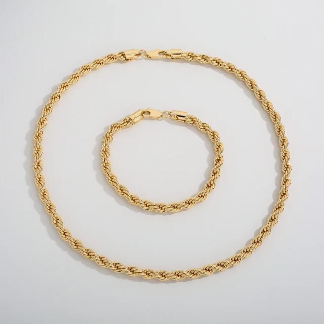 Gold Plated Stainless Steel Rope Chain Necklace & Bracelet Set
