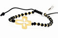 14K Gold Floral Cross Black Bead Bracelet
