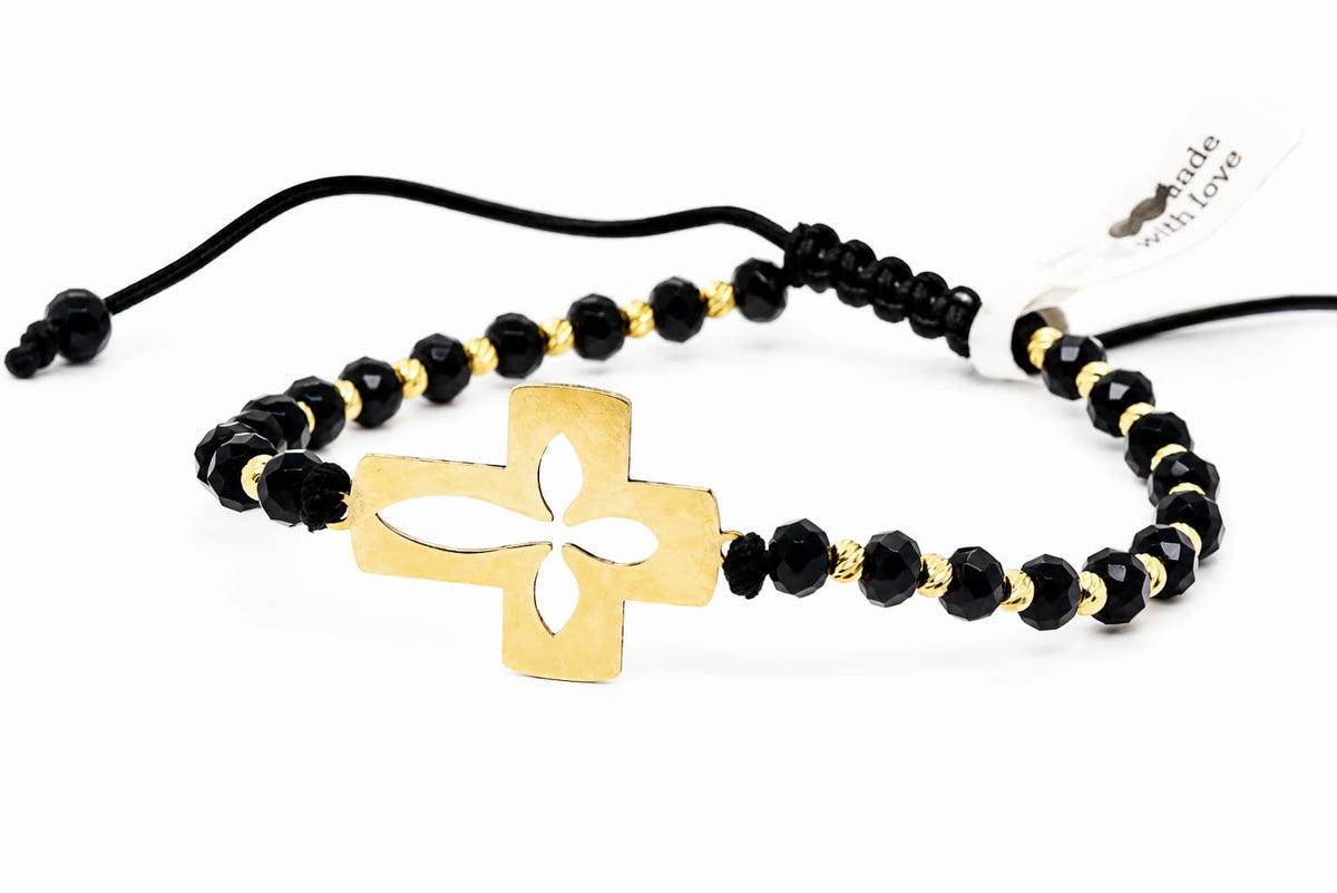 14K Gold Floral Cross Black Bead Bracelet