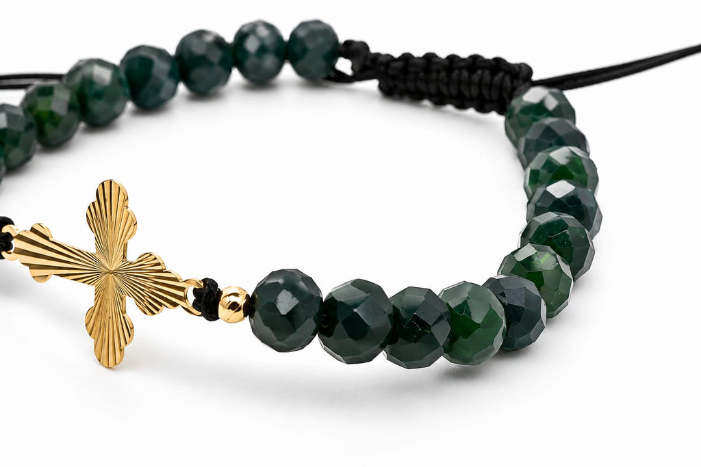14K Gold Ornate Cross Dark Emerald Green Bracelet