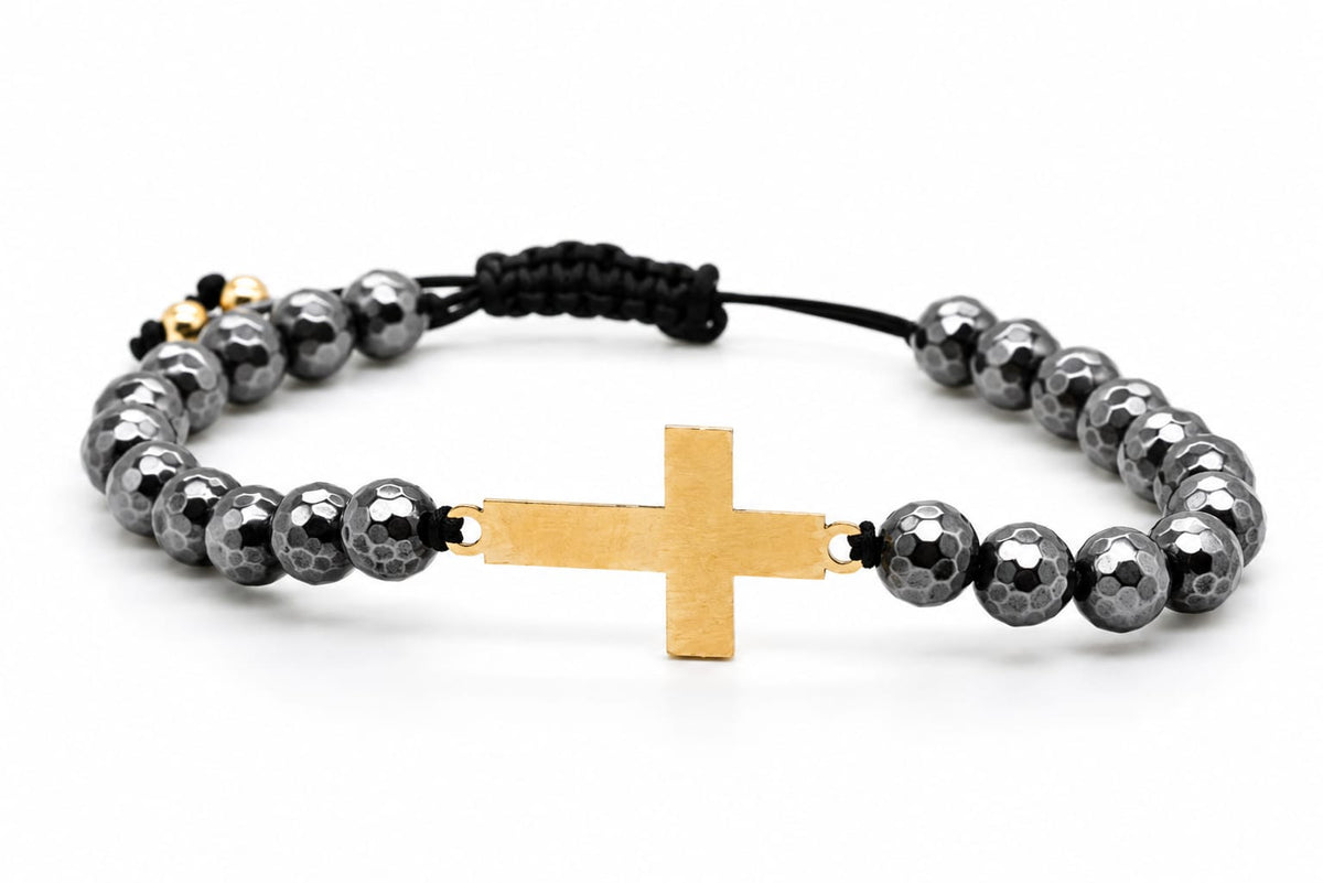 14K Gold Cross Hematite Bead Bracelet