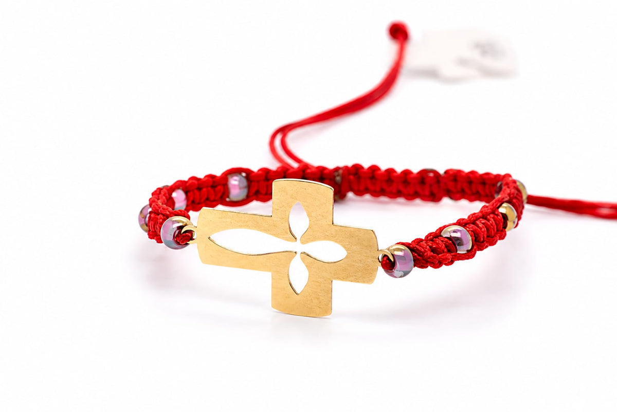 14K Gold Cut-Out Cross Red Cord Bracelet