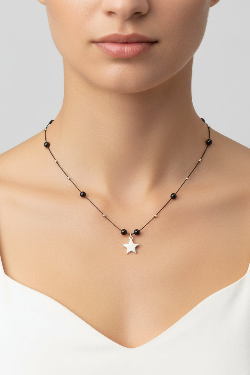 14K Gold Engravable Star Necklace with Black Beads – 40 cm
