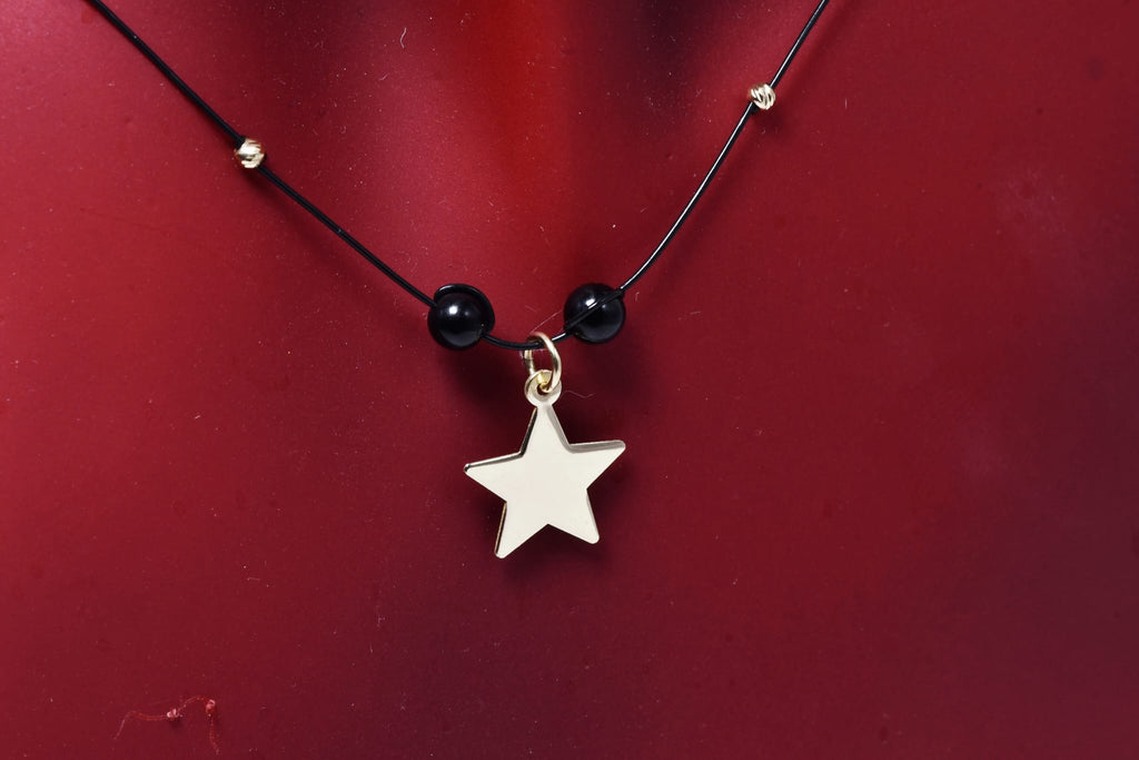 14K Gold Engravable Star Necklace with Black Beads – 40 cm
