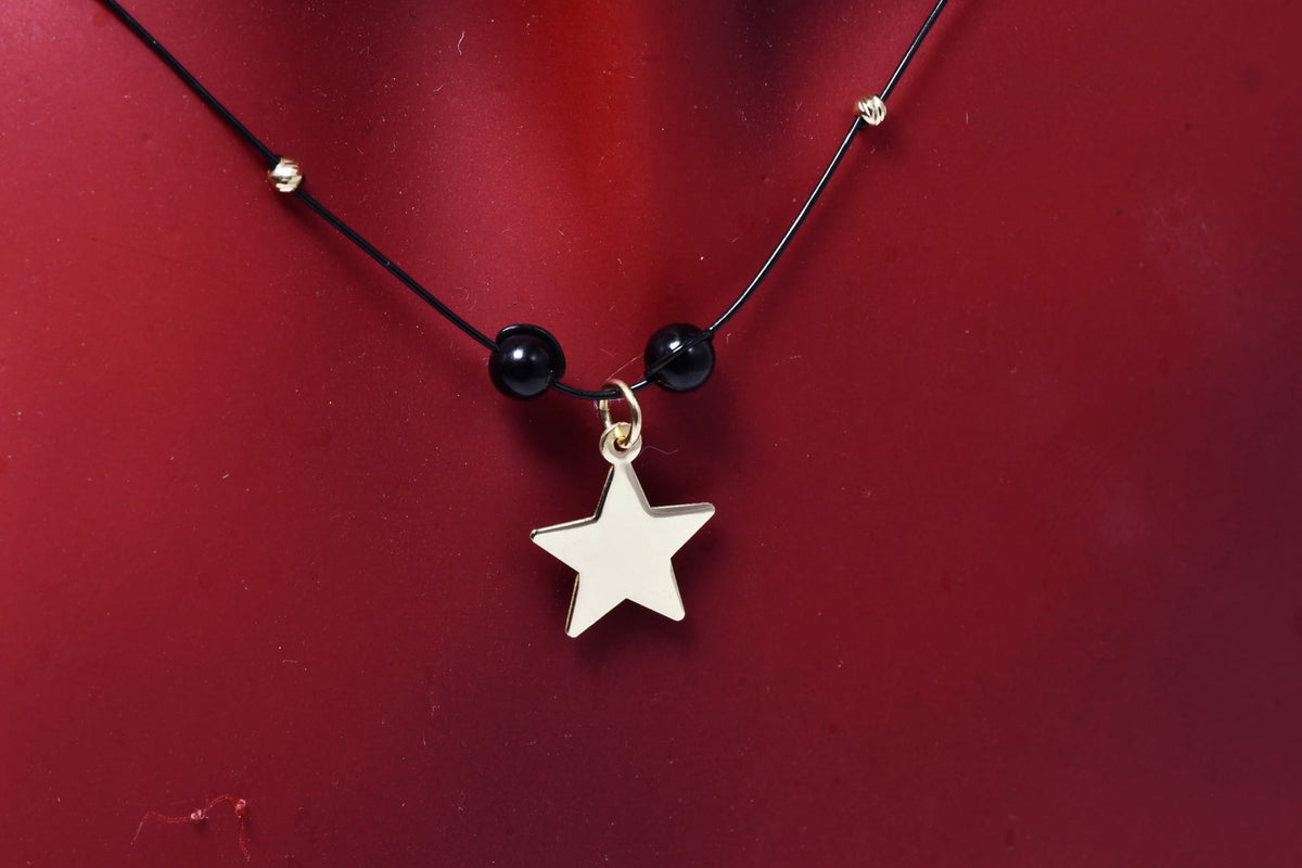 14K Gold Engravable Star Necklace with Black Beads – 40 cm