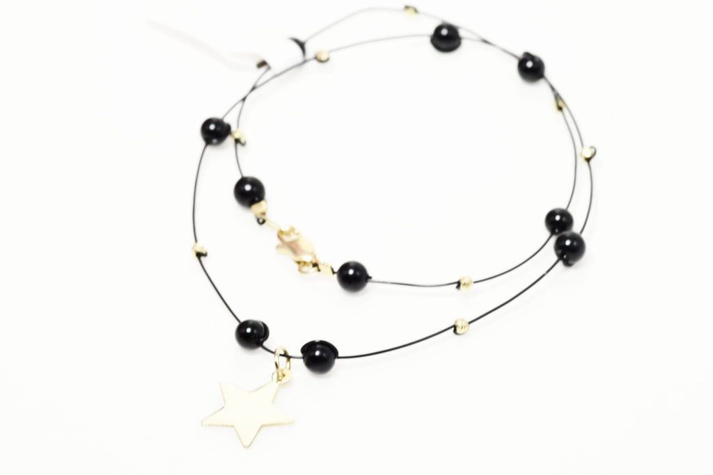 14K Gold Engravable Star Necklace with Black Beads – 40 cm