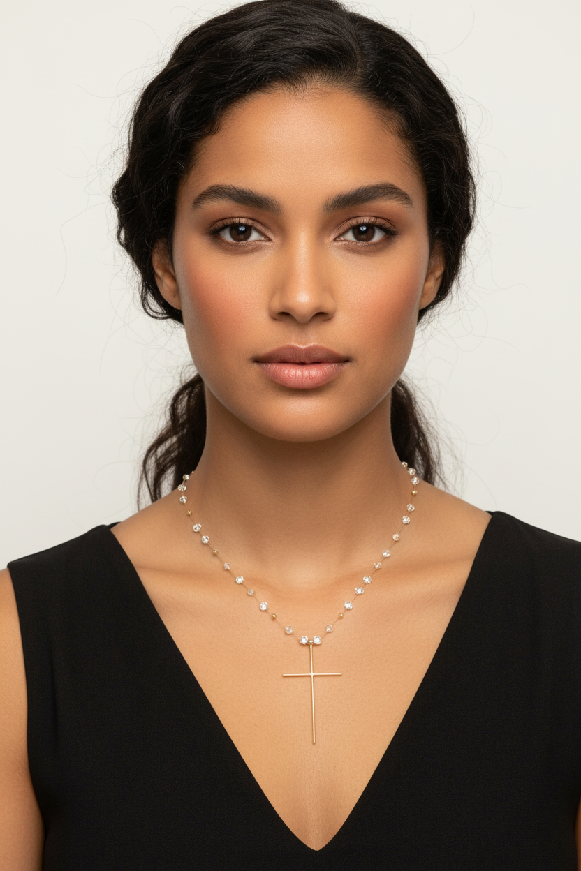 14K Gold Cross Necklace with Crystal Beads