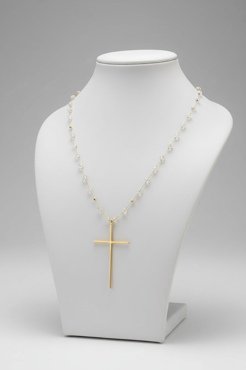 14K Gold Cross Necklace with Crystal Beads