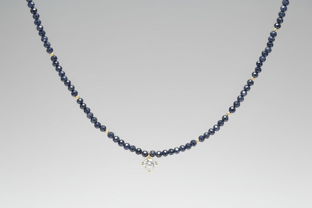 14K Gold Dark Blue Beaded Necklace with Crystal Charm