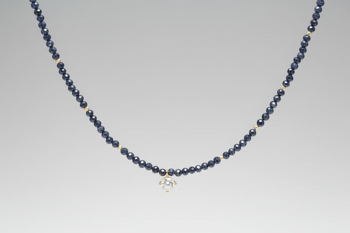 14K Gold Dark Blue Beaded Necklace with Crystal Charm