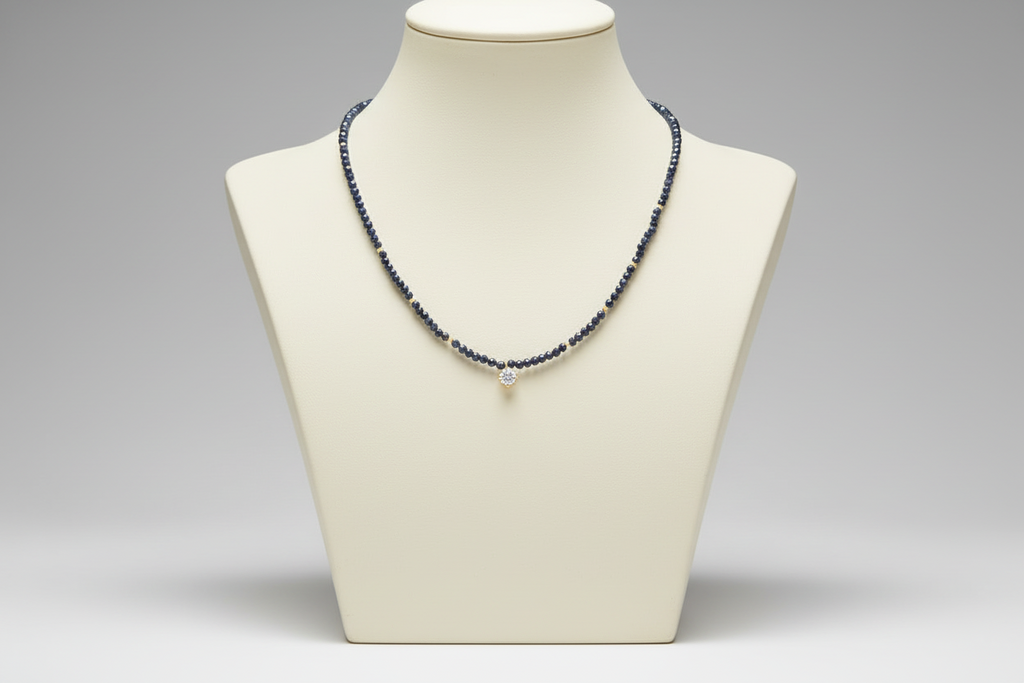 14K Gold Dark Blue Beaded Necklace with Crystal Charm