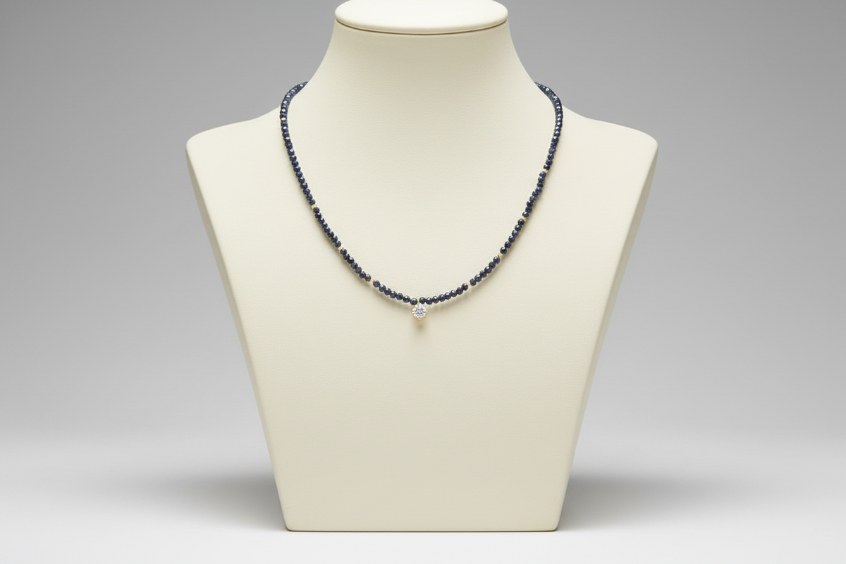14K Gold Dark Blue Beaded Necklace with Crystal Charm