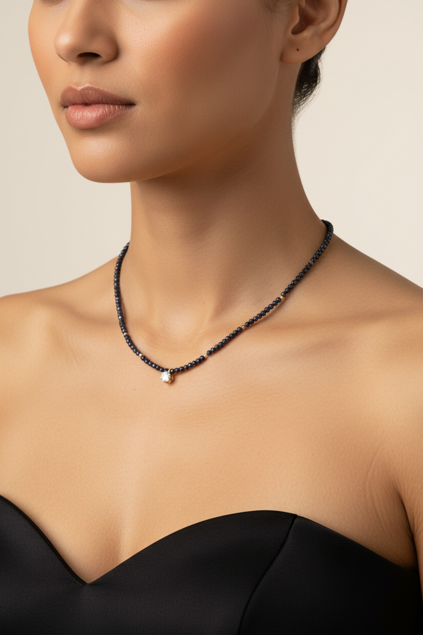 14K Gold Dark Blue Beaded Necklace with Crystal Charm
