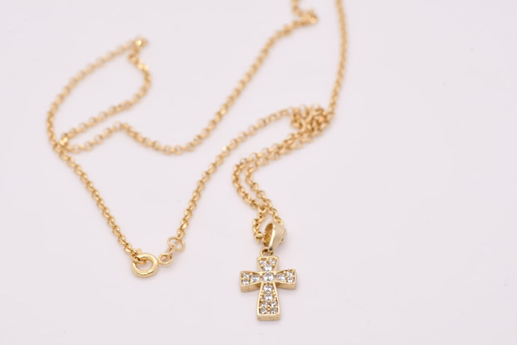 14K Gold Cross Necklace with Stones – 45cm