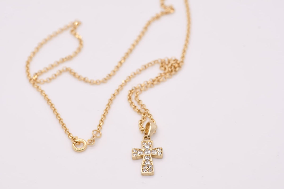 14K Gold Cross Necklace with Stones – 45cm