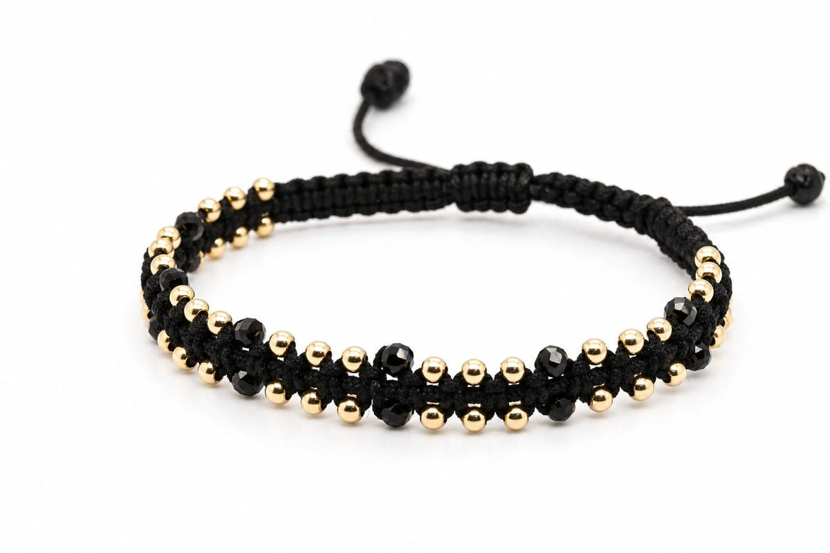 14K Gold Beaded Macramé Bracelet with Black Crystal Accents