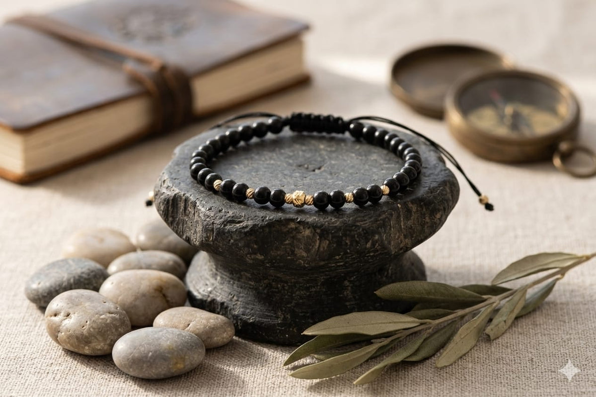 14K Gold Glossy Black Bead Adjustable Bracelet