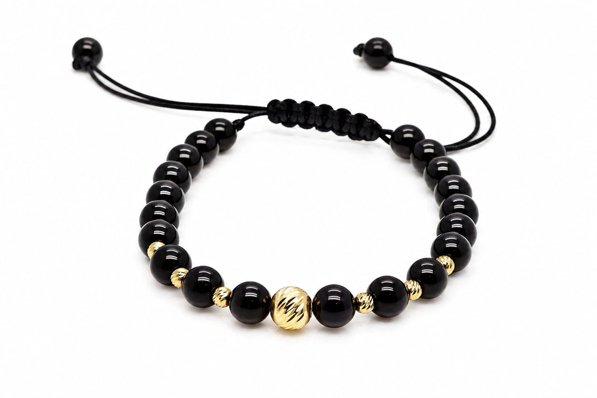 14K Gold Central Bead Black Adjustable Bracelet