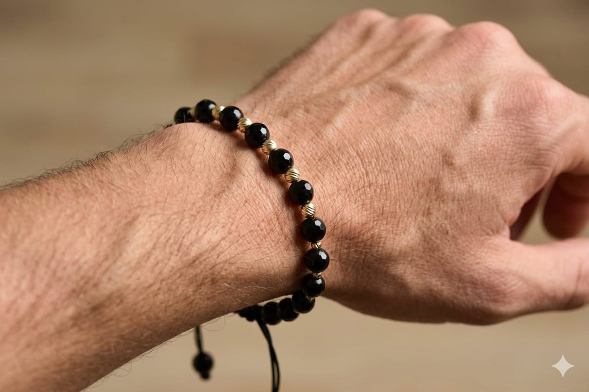 14K Gold Faceted Black Bead Adjustable Bracelet
