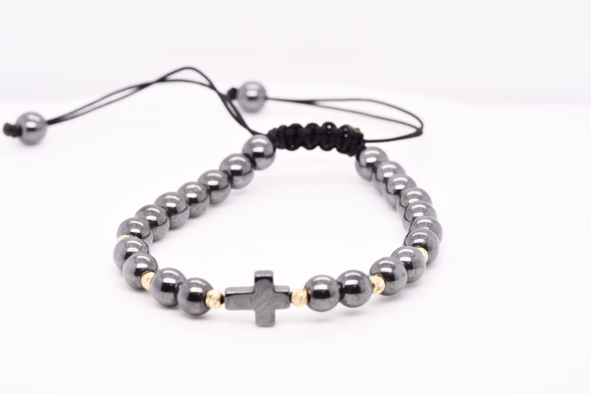 14K Gold & Hematite Cross Bracelet with Gold Bead Accents