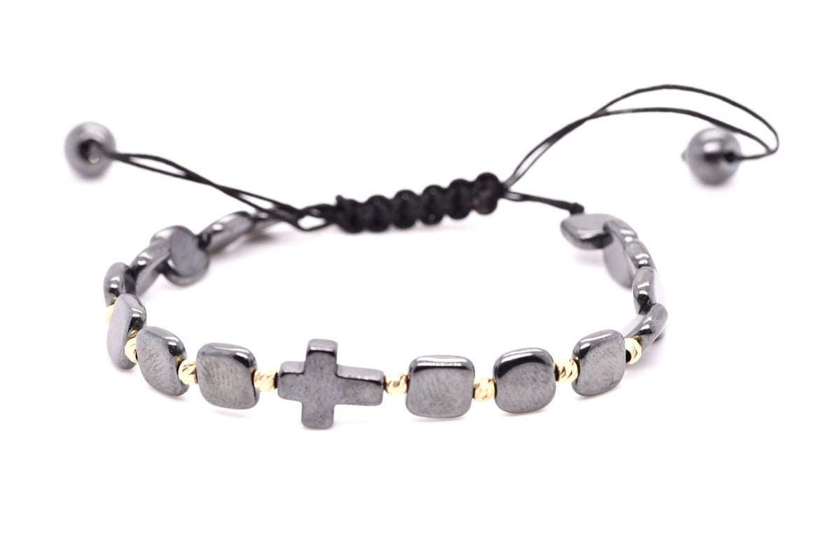 14K Gold & Hematite Bracelet with Hematite Cross