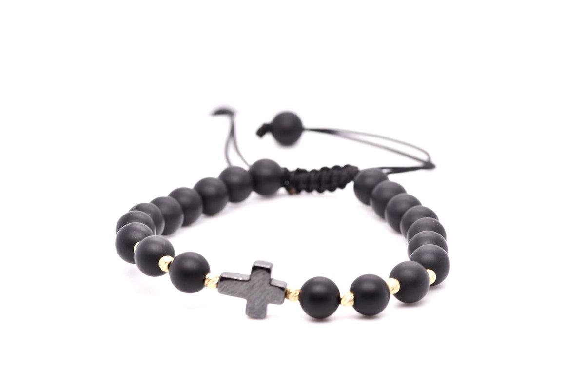 14K Gold &amp; Matte Black Bead Cross Adjustable Bracelet