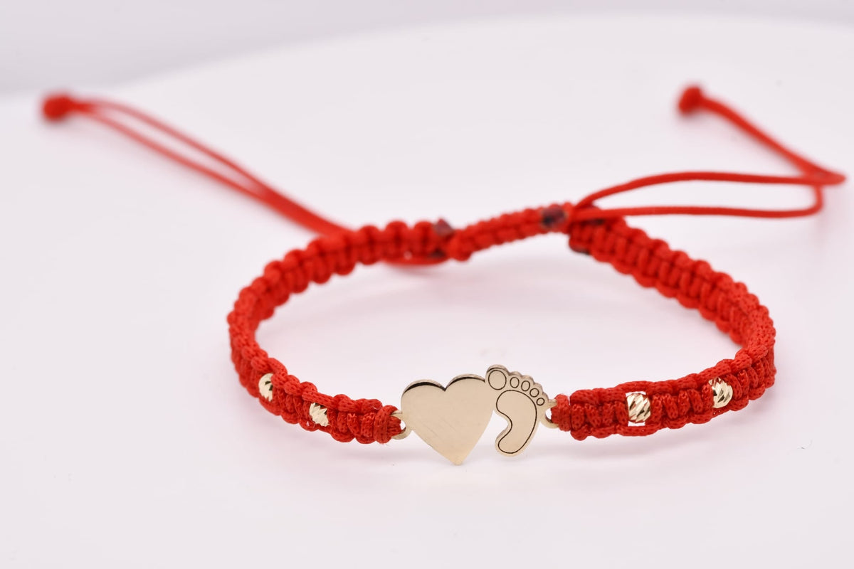 14K Gold Heart &amp; Baby Foot Red String Bracelet – Adjustable