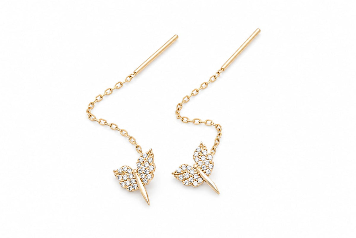14K Yellow Gold CZ Dragonfly Threader Earrings