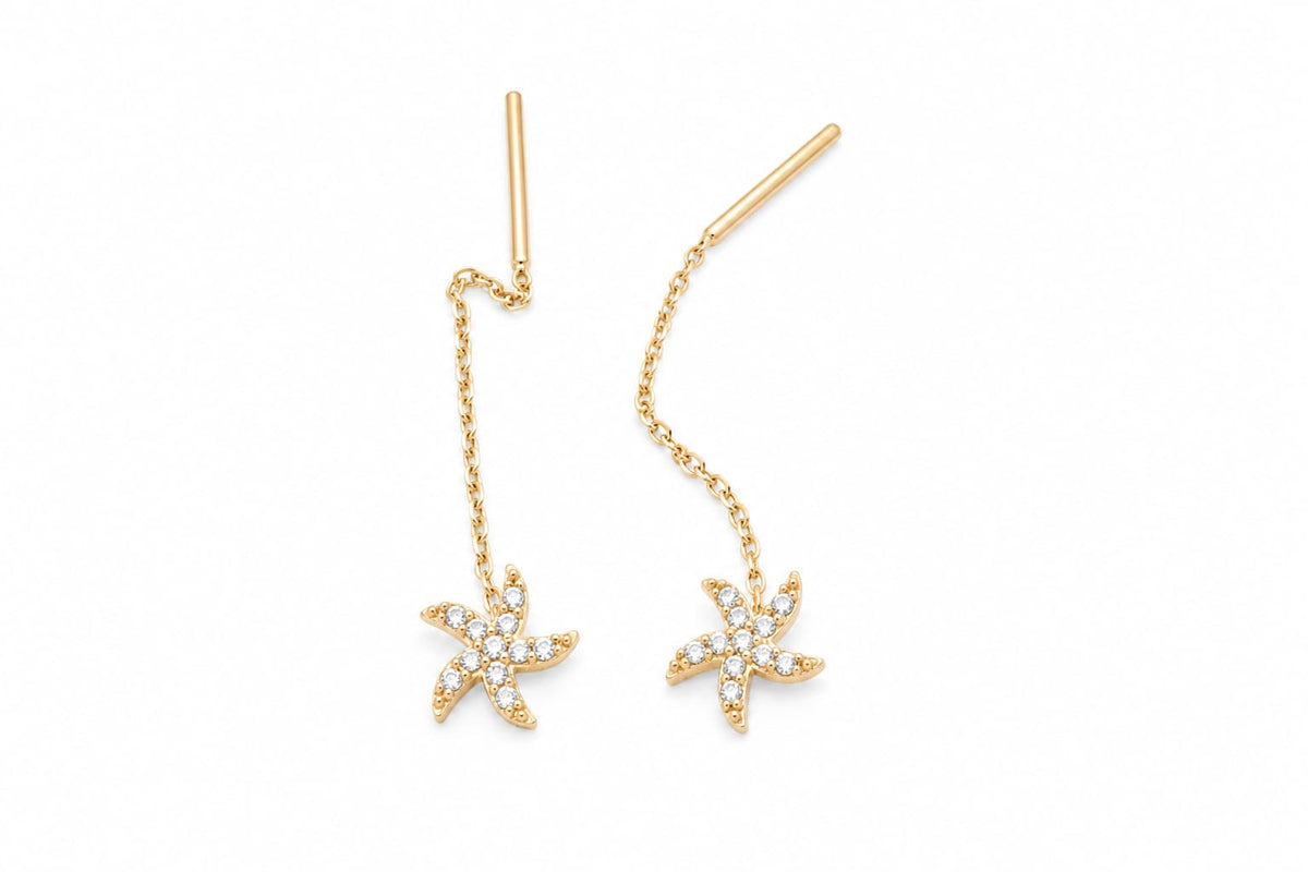 14K Yellow Gold CZ Starfish Threader Earrings