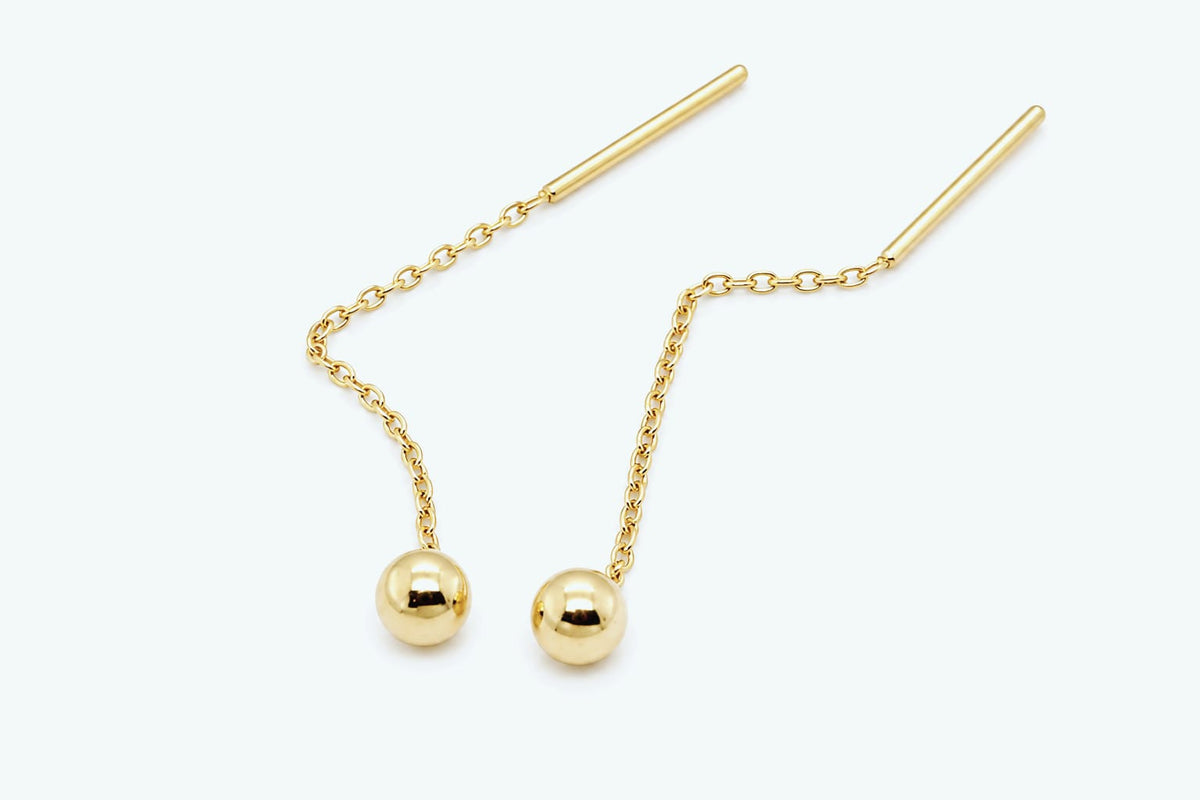14K Yellow Gold Ball Threader Earrings