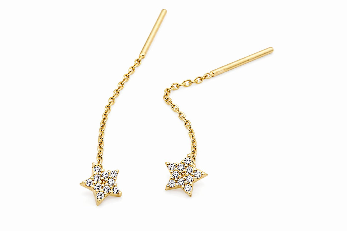 14K Yellow Gold Classic CZ Star Threader Earrings