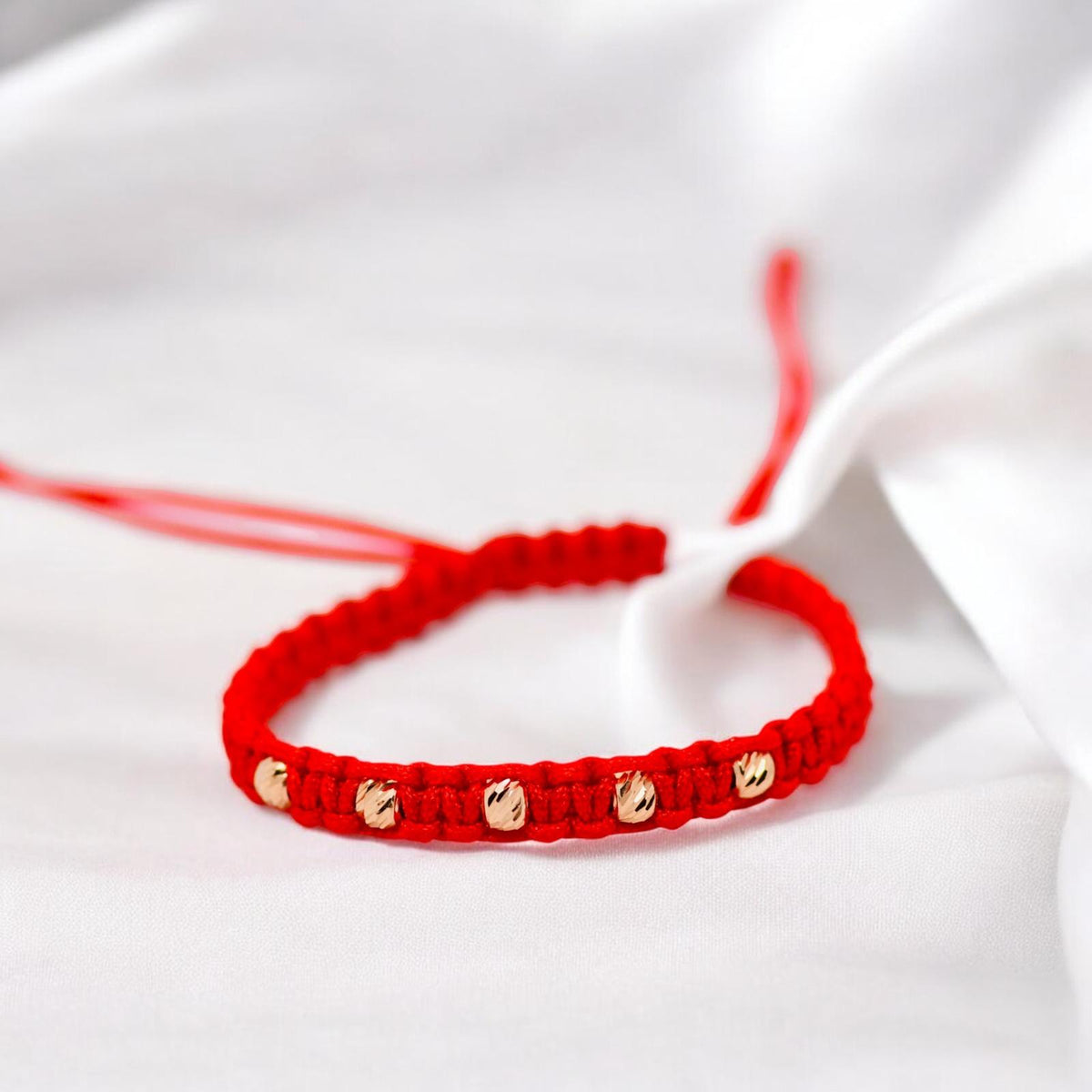14K Gold Five-Bead Red Cord Bracelet | 2.5mm Beads