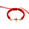 14K Gold Black CZ Cross Red Macramé Bracelet | Adjustable