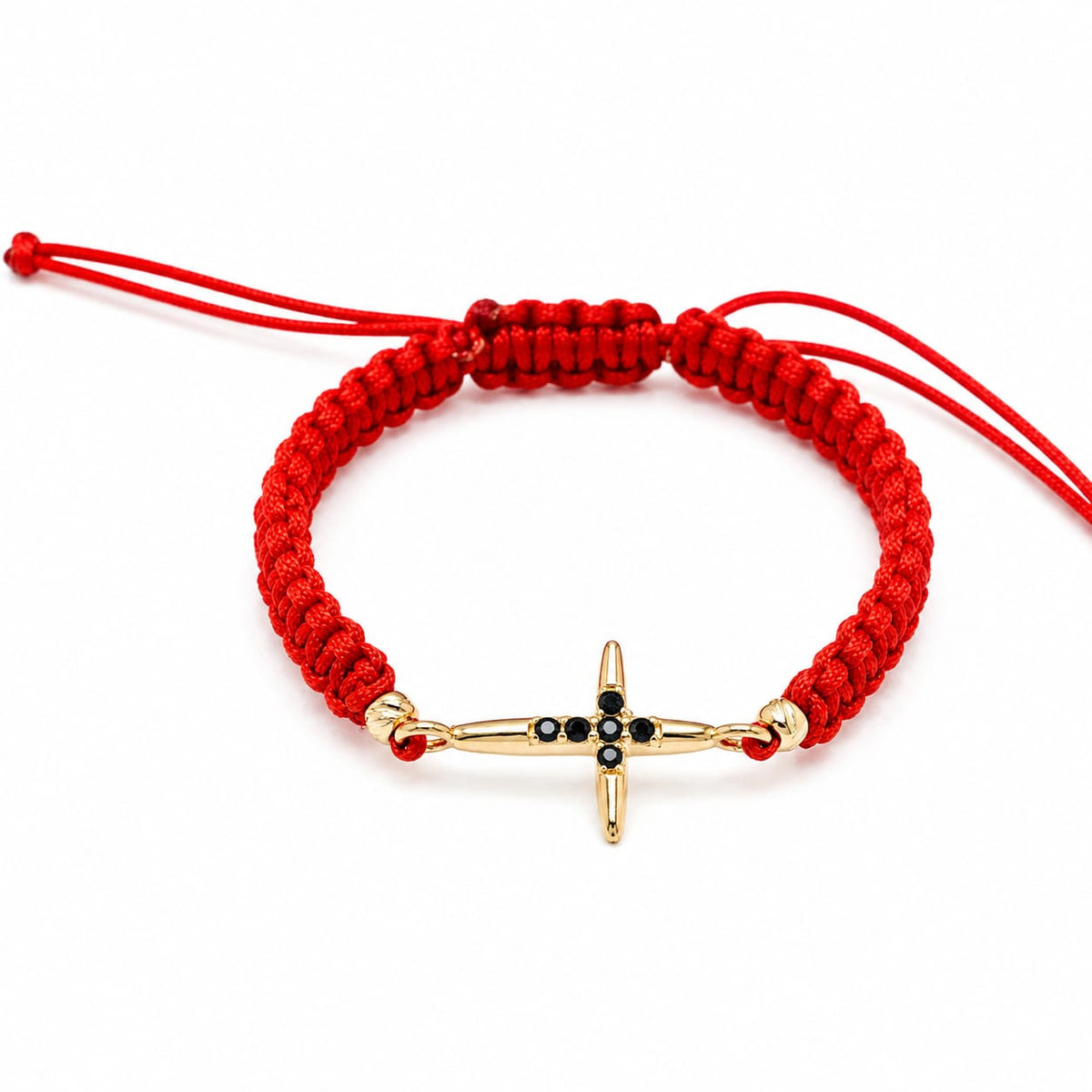 14K Gold Black CZ Cross Red Macramé Bracelet | Adjustable