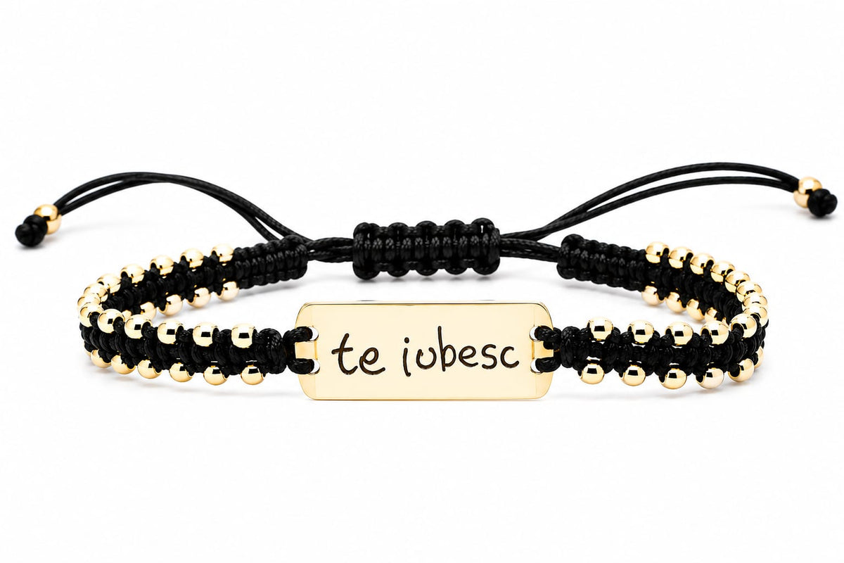 Personalised 14K Gold Engraved Black Cord Bracelet | Double-Sided