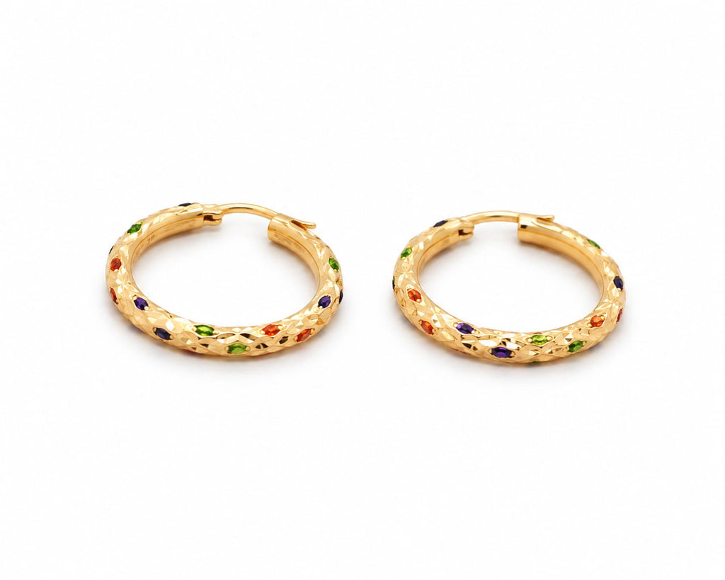 14K Gold Rainbow CZ Hoop Earrings – 30mm
